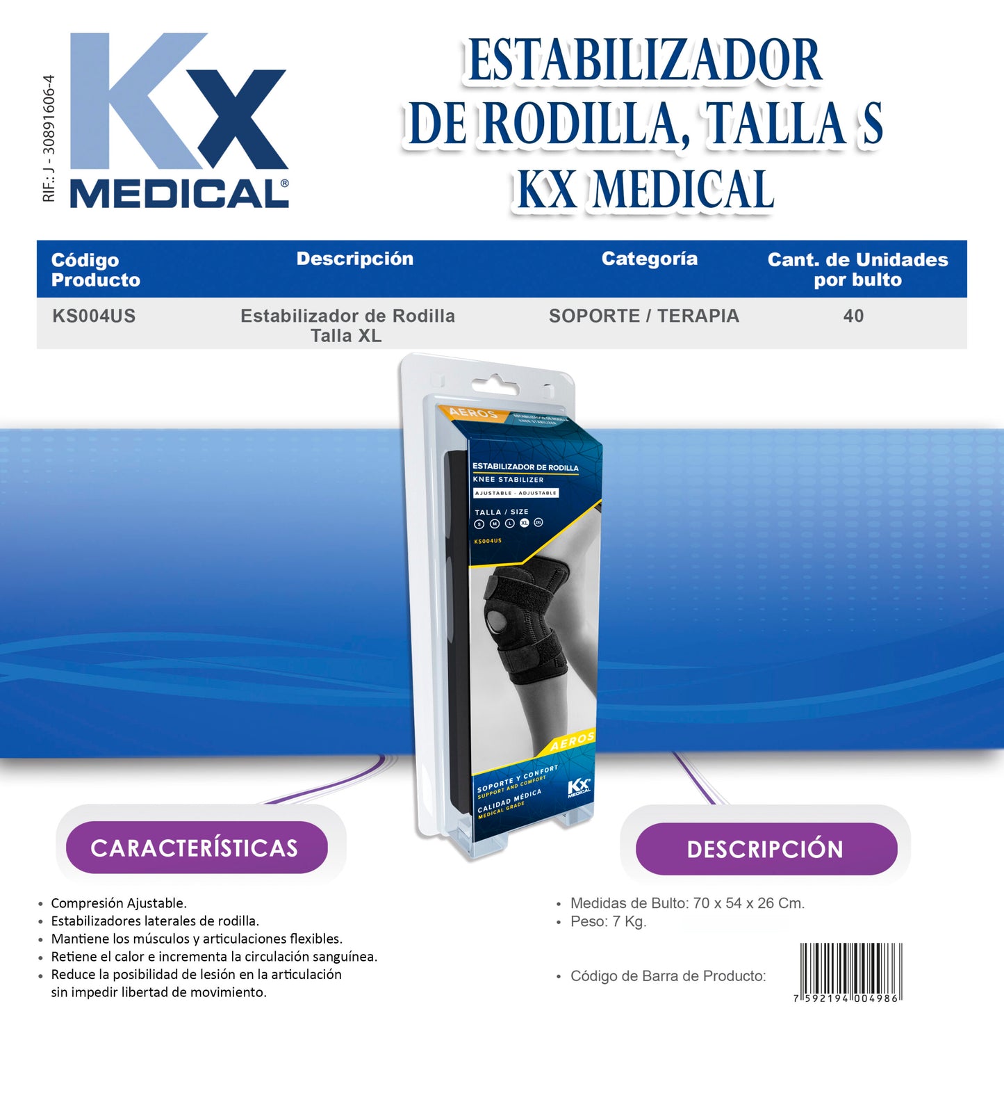 Rodillera Estabilizadora Neopreno Ajustable (KS001-002-003US)