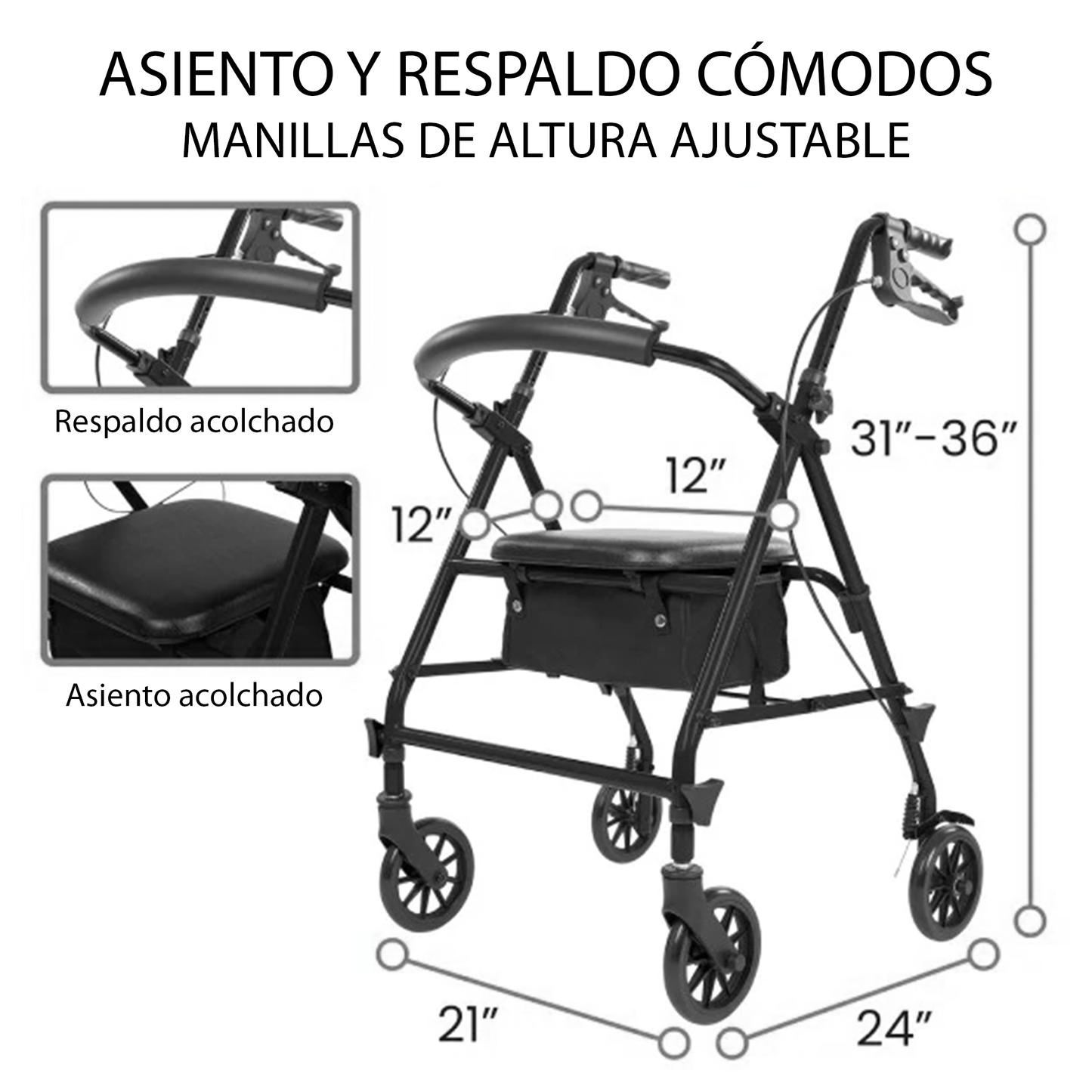 Andador Tipo Rollator en Acero Color Negro (MOB1106BLK)
