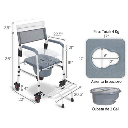 Silla de Ruedas de Transporte 3 en 1 para Ducha y con Inodoro