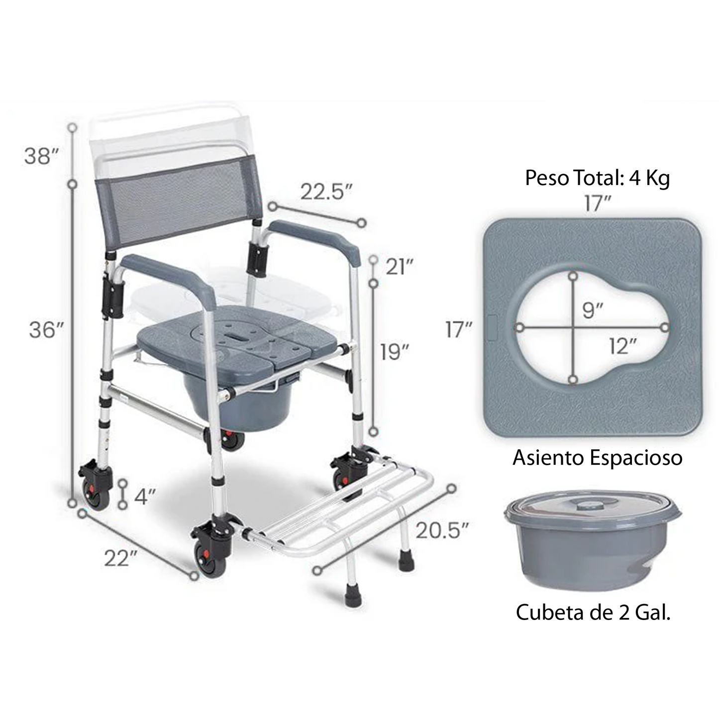 Silla de Ruedas de Transporte 3 en 1 para Ducha y con Inodoro (MOB1115)