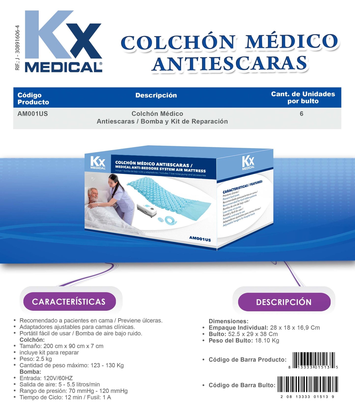 Colchón Anti Escaras con Bomba y Kit de Reparación (AM001US)