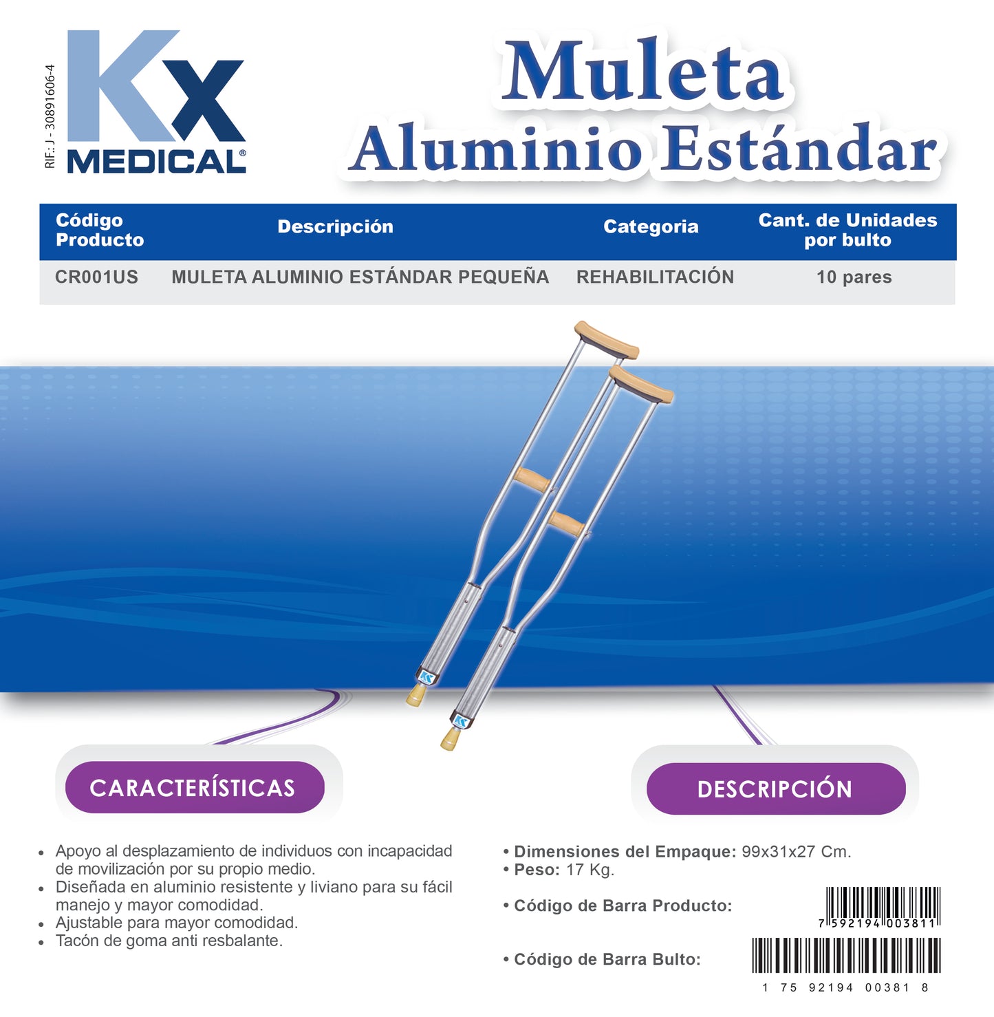 Muleta de Aluminio Diseño Liviano (CR001-002-003US)