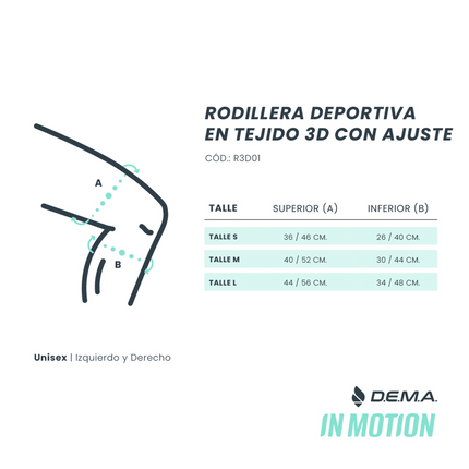 Rodillera deportiva en tejido 3D con silicona antideslizante