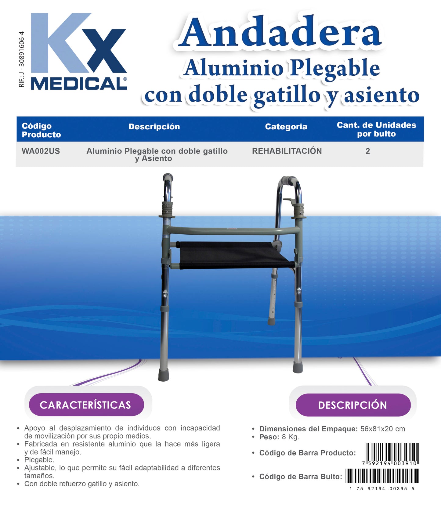 Andadera de Aluminio Plegable con Doble Gatillo y Silla (WA002US)