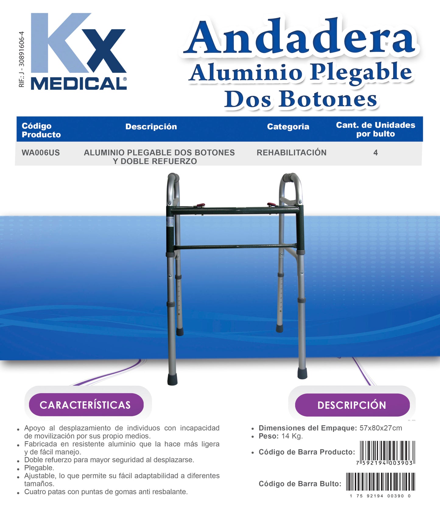 Andadera de Aluminio Plegable Doble Refuerzo. CAM (WA006US)